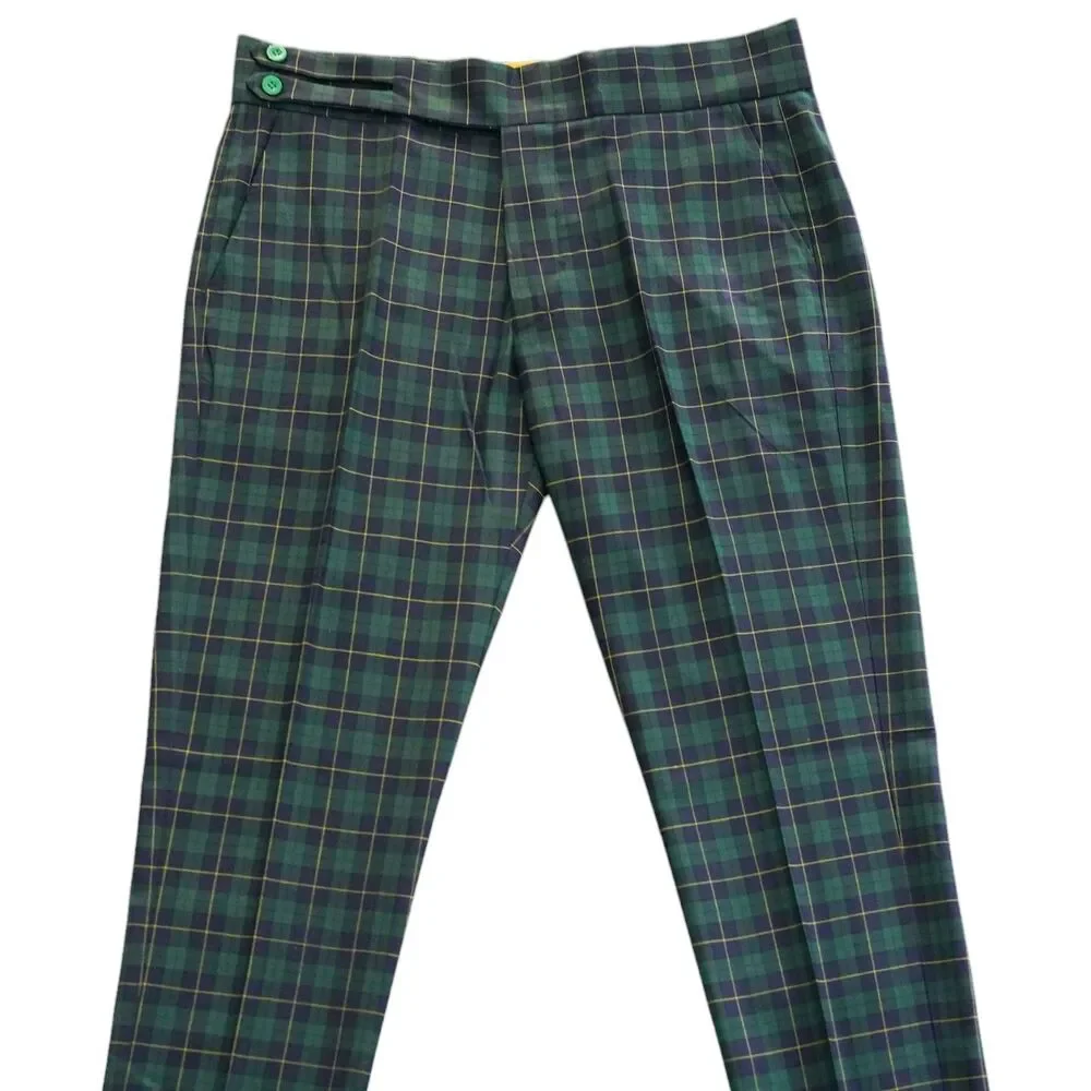 Mens 36 Gurkha Pants Green Navy Tartan Plaid Wool Flat Front Slim Fit Trousers